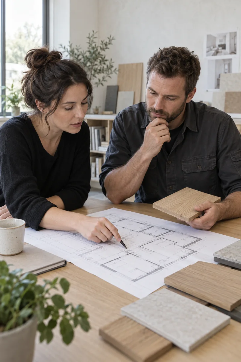 Illustratives Planungsgespr&auml;ch zwischen Architektin und Tischler