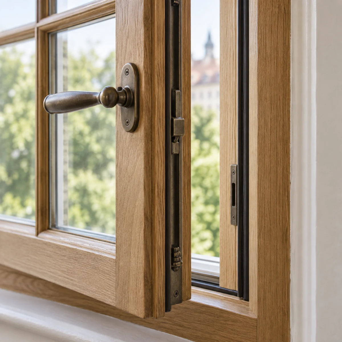 Sanierter Fensterbeschlag und neue Dichtung an einem Holzfenster