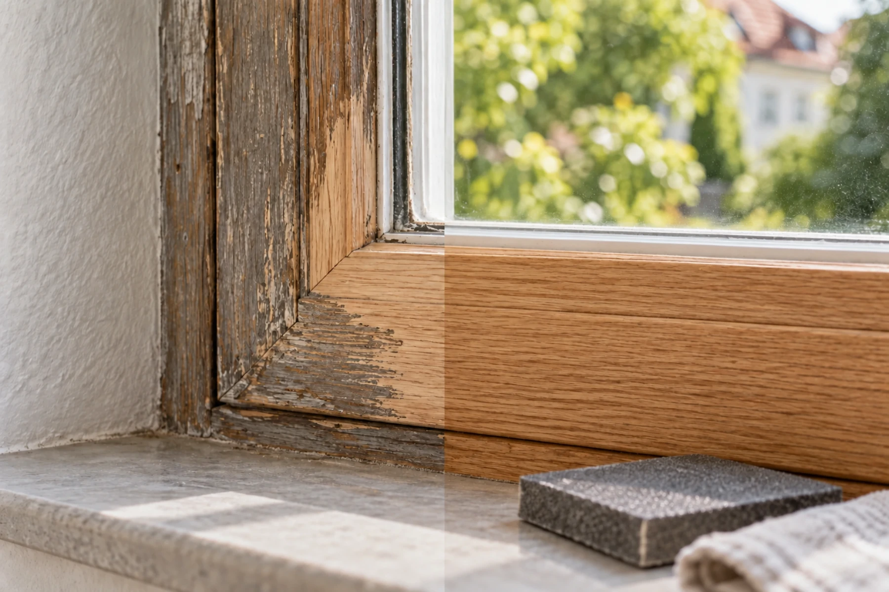 Holzfenster vor und nach der Sanierung mit scharf geteiltem Vergleich