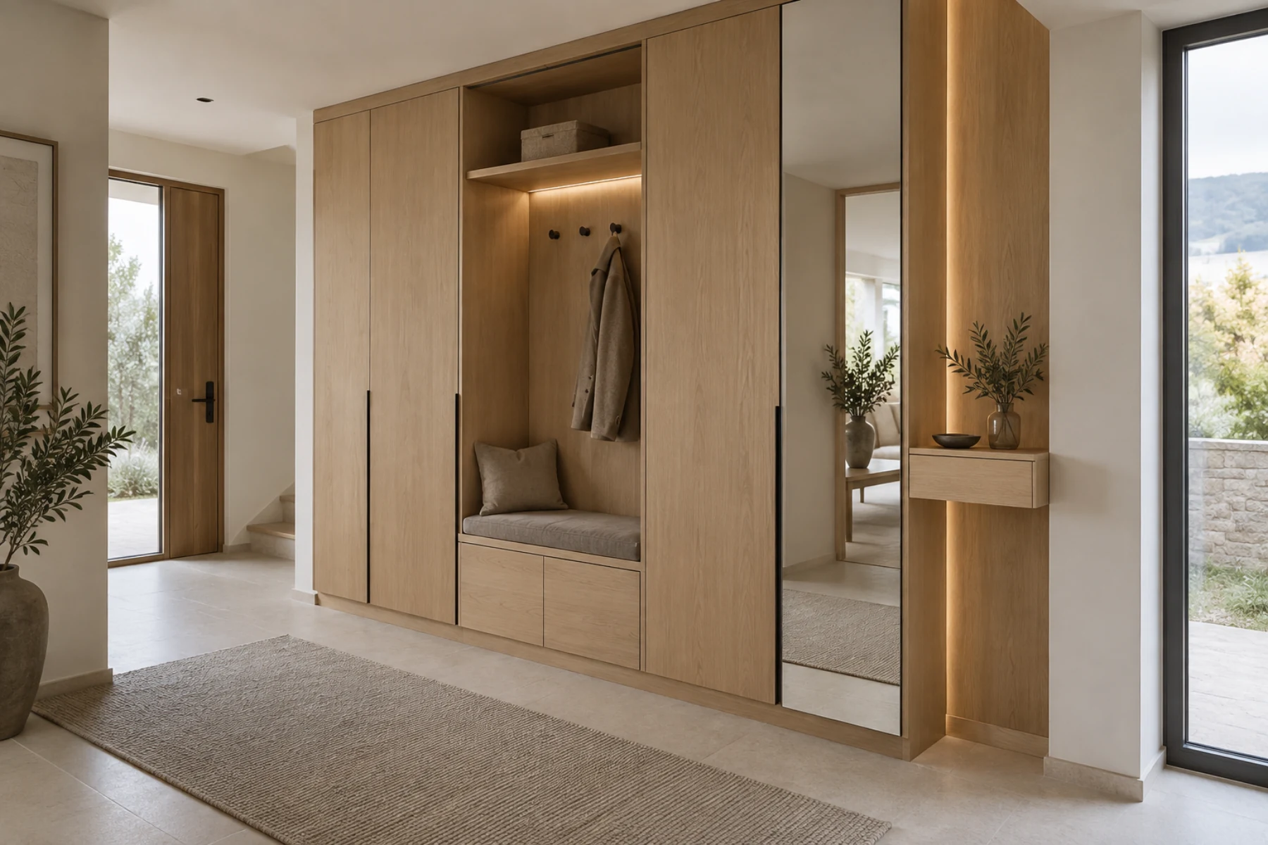 Modernes europäisches Vorzimmer mit maßgefertigter Garderobe
